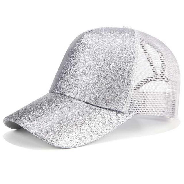 High Ponytail Baseball Cap for Women Glitter Silver Caps
