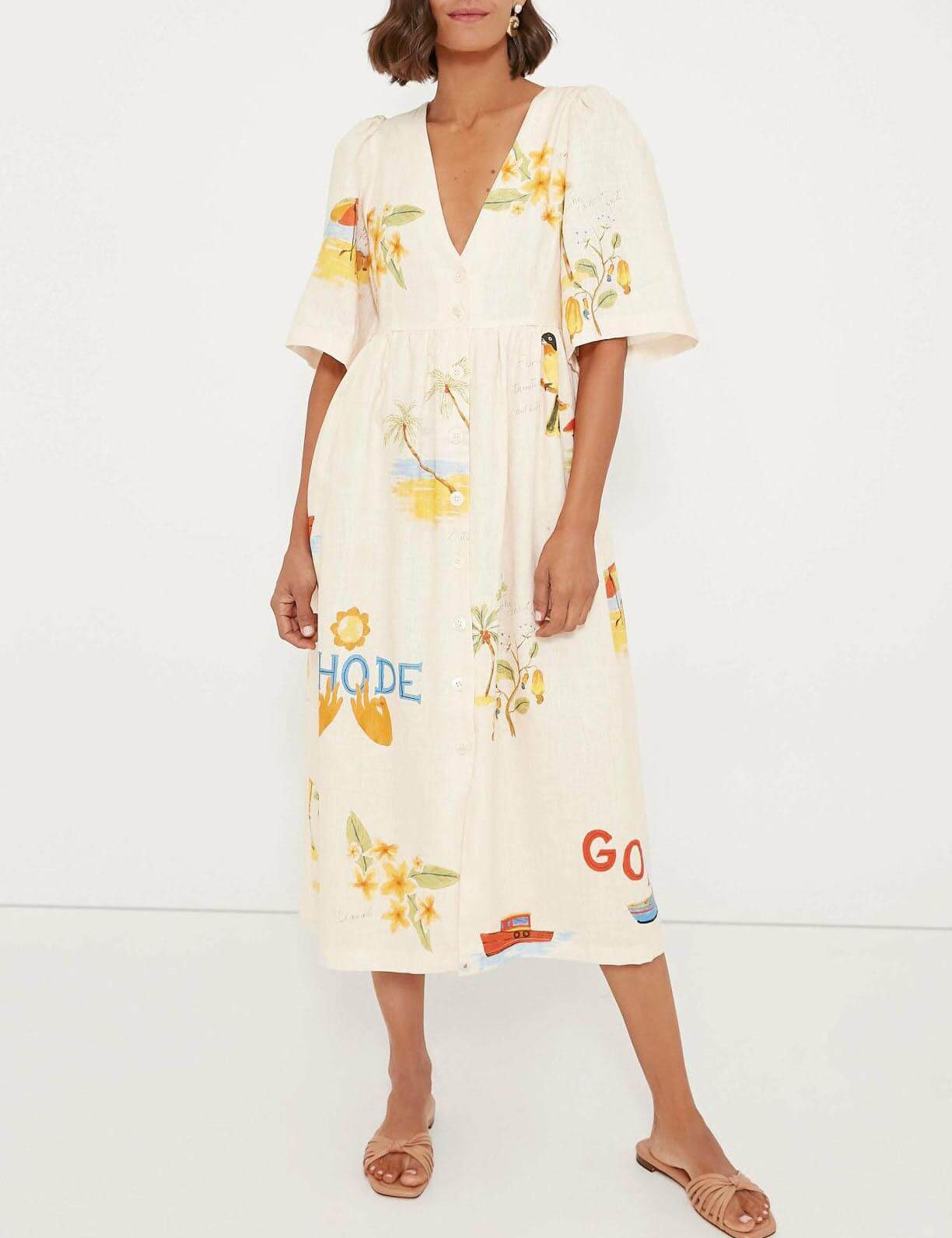 Folk Floral Print Unique Holiday Puff Sleeve Midi Dress Dresses