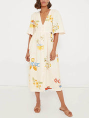 Folk Floral Print Unique Holiday Puff Sleeve Midi Dress Dresses