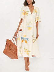 Folk Floral Print Unique Holiday Puff Sleeve Midi Dress Multi-Color Dresses