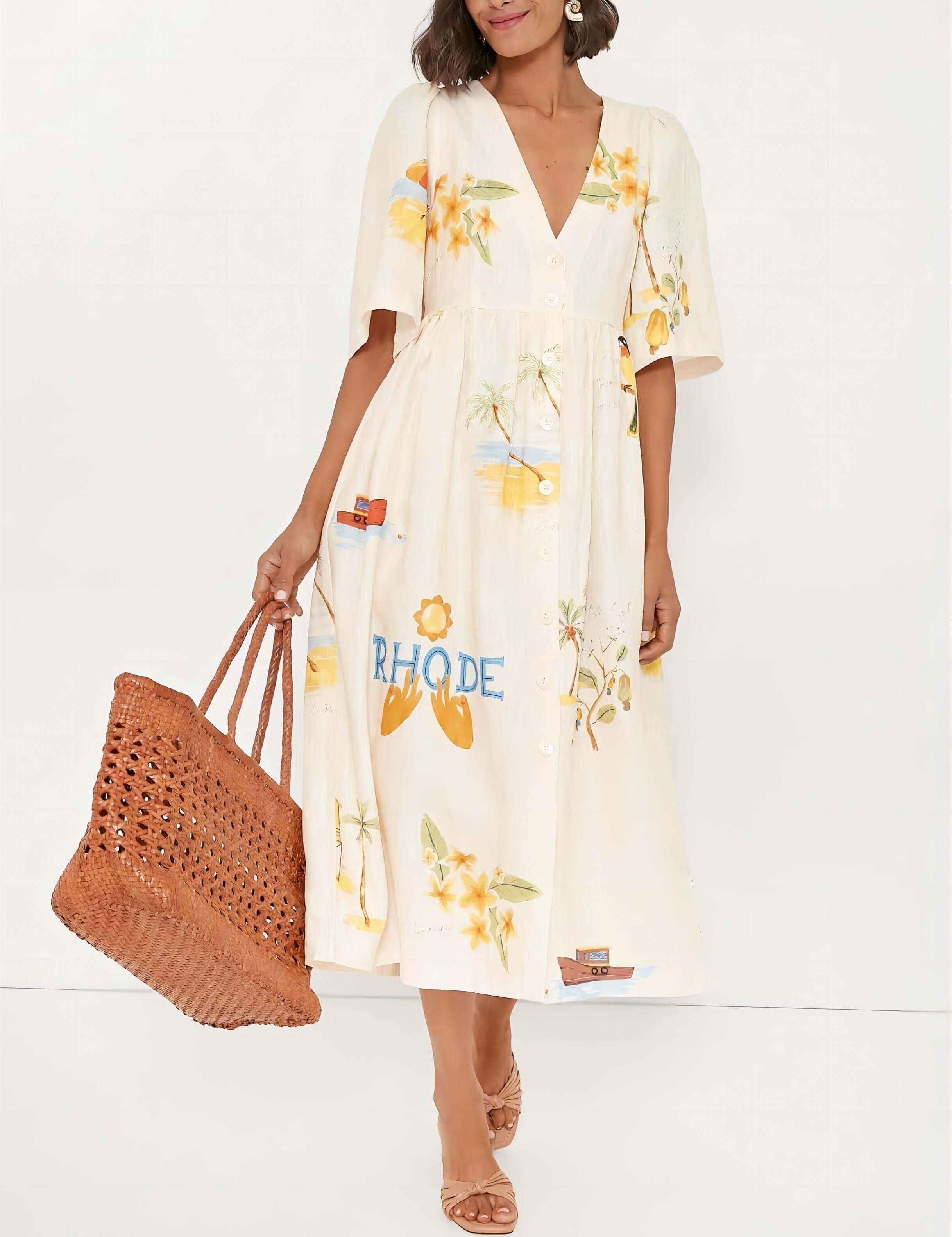 Folk Floral Print Unique Holiday Puff Sleeve Midi Dress Multi-Color Dresses