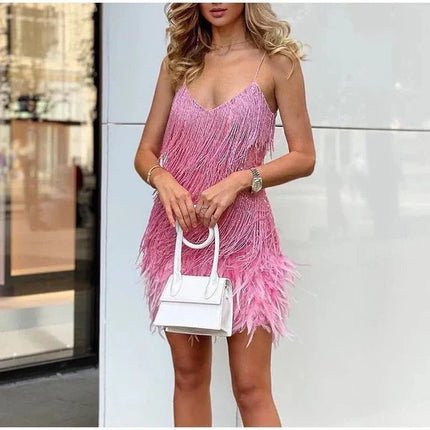 Women's Sequin Feather Mini Dress Pink Dresses