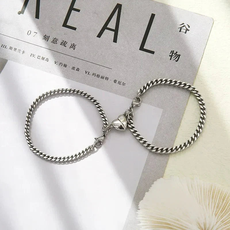Simple Couples Cuban Magnetic Heart Bracelet Set Bracelets