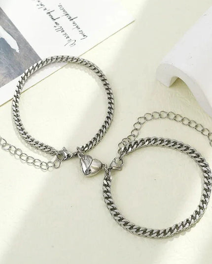 Simple Couples Cuban Magnetic Heart Bracelet Set Bracelets