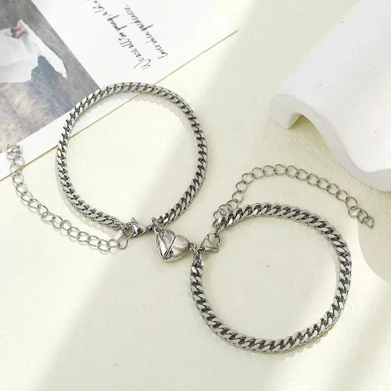 Simple Couples Cuban Magnetic Heart Bracelet Set Bracelets