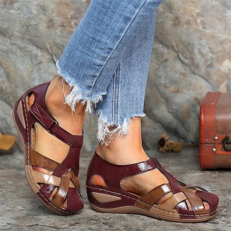 Evie™ - Adjustable Orthopedic Leather Wedge Sandals Red Sandals