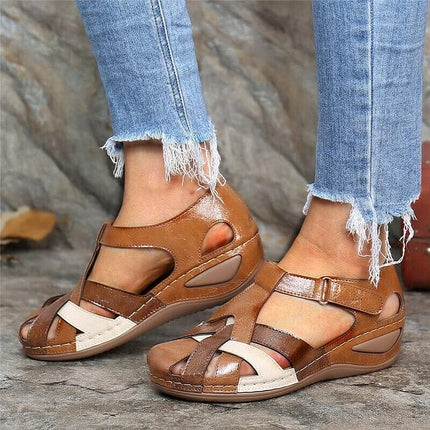 Evie™ - Adjustable Orthopedic Leather Wedge Sandals Brown Sandals