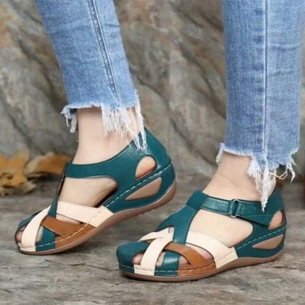 Evie™ - Adjustable Orthopedic Leather Wedge Sandals Green Sandals