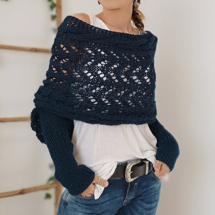 Elegant Off-Shoulder Knitted Wrap Sweater Navy blue One size Sweaters