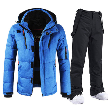 Men's Windproof and Waterproof Ski Suit with Hood and Bib Pants Blue and black Jacket