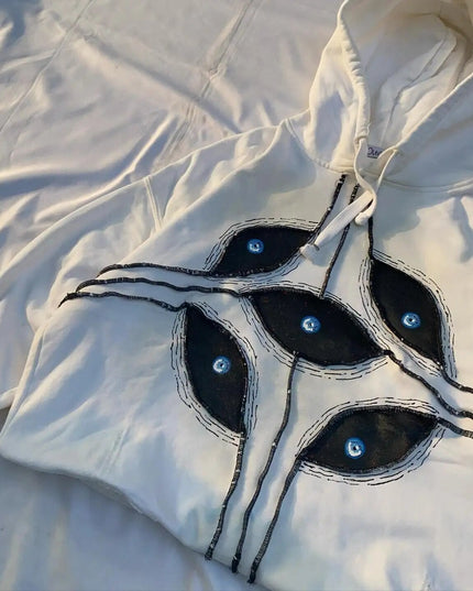 Harajuku Eye Patchwork Hoodie White Men's Hoodie