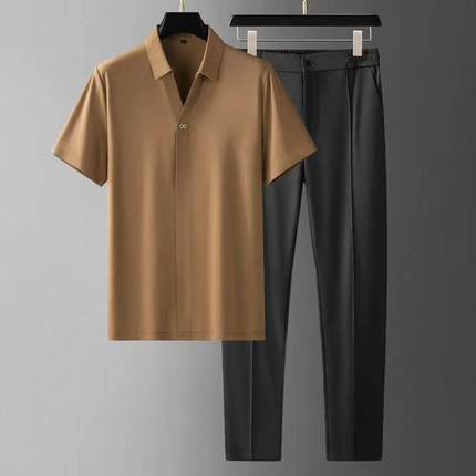 Men’s Two-Piece Pant Set – Short Sleeve Polo Shirt & Ankle-Length Pants Khaki Men Set