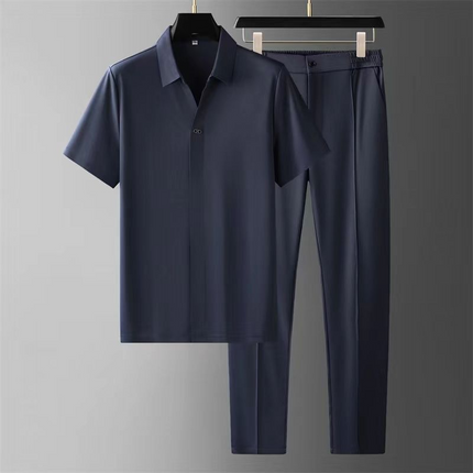 Men’s Two-Piece Pant Set – Short Sleeve Polo Shirt & Ankle-Length Pants Blue Men Set