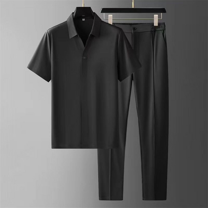 Men’s Two-Piece Pant Set – Short Sleeve Polo Shirt & Ankle-Length Pants Black Men Set