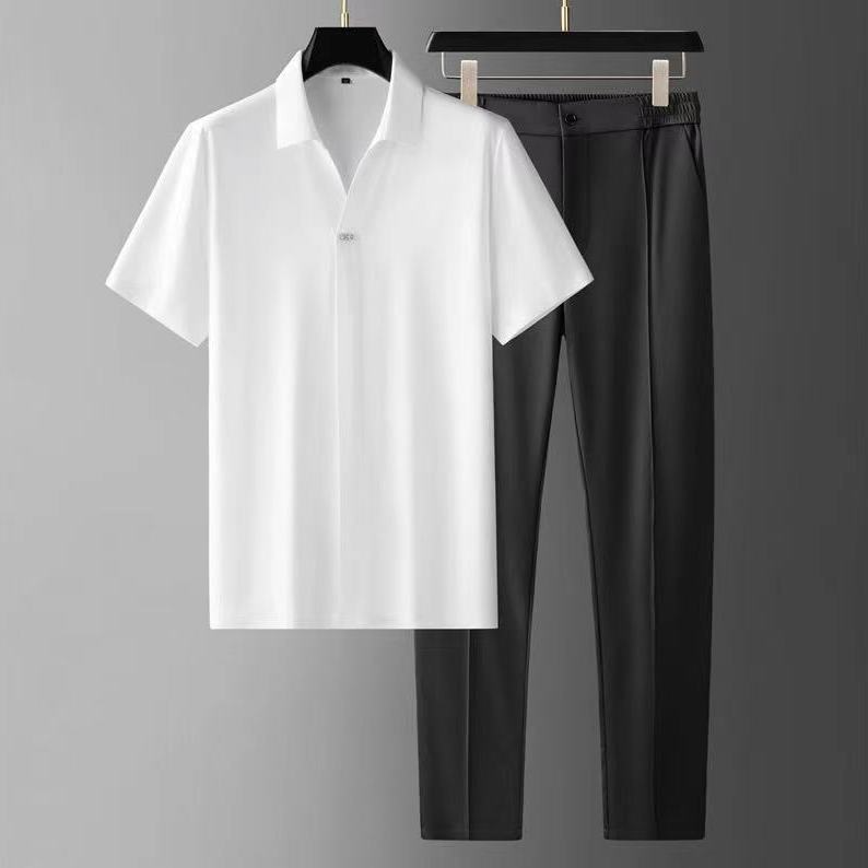 Men’s Two-Piece Pant Set – Short Sleeve Polo Shirt & Ankle-Length Pants White Men Set