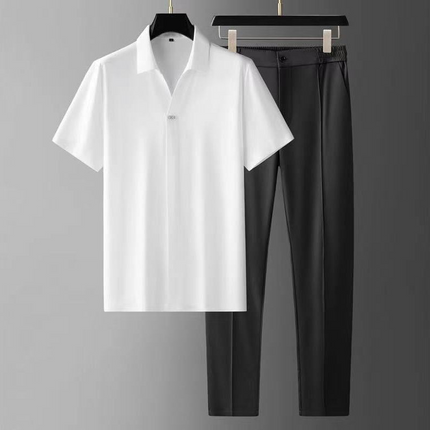 Men’s Two-Piece Pant Set – Short Sleeve Polo Shirt & Ankle-Length Pants White Men Set