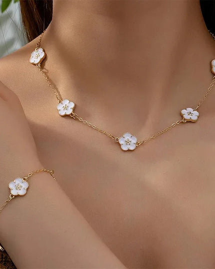 White Mother‑of‑Pearl Clover Necklace & Bracelet Set Jewelry Sets