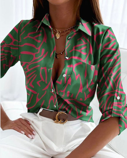 Women's Wrap Collar Blouse – Elegant Smart Casual Top Green-Pink Focus