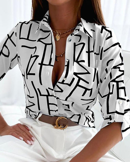 Women's Wrap Collar Blouse – Elegant Smart Casual Top White-Black Focus