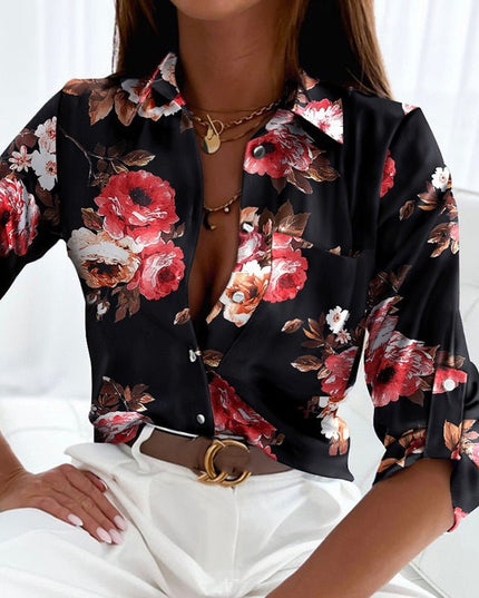 Women's Wrap Collar Blouse – Elegant Smart Casual Top Black Flowers Focus