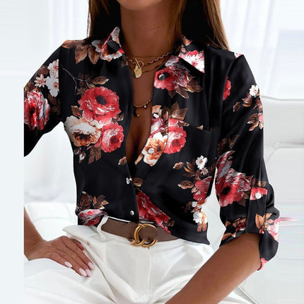 Women's Wrap Collar Blouse – Elegant Smart Casual Top Black Flowers Focus
