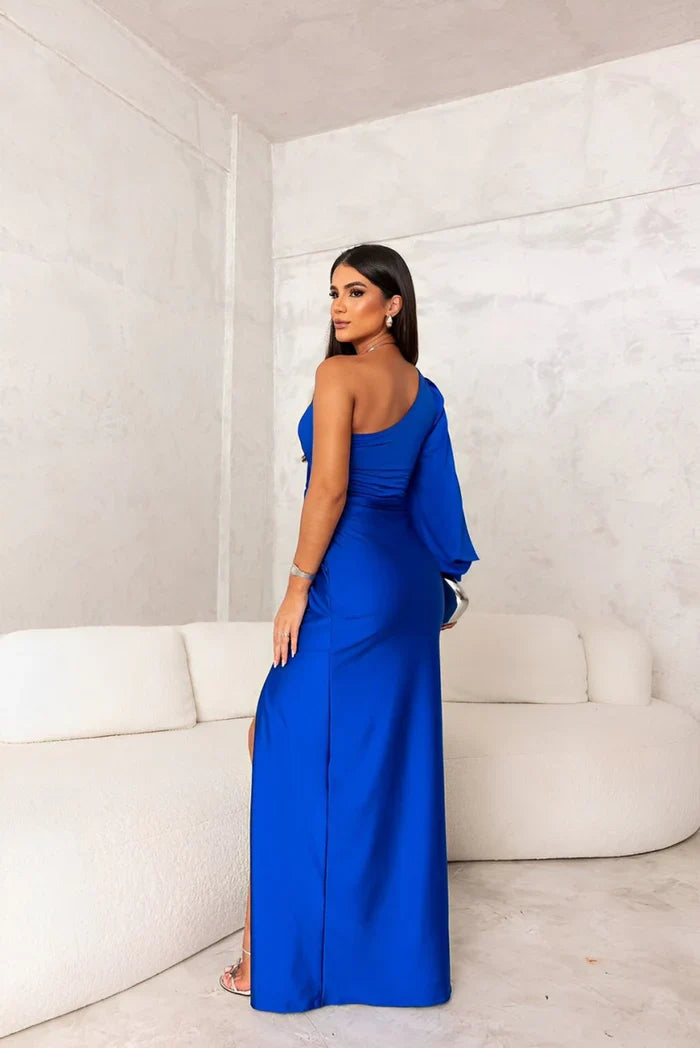 Elegant High‑Slit Satin Evening Dress Lenora Blue Dresses