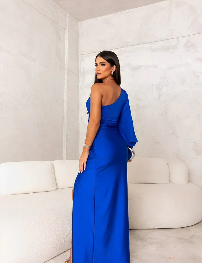 Elegant High‑Slit Satin Evening Dress Lenora Blue Dresses