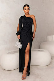 Elegant High‑Slit Satin Evening Dress Lenora Black Dresses